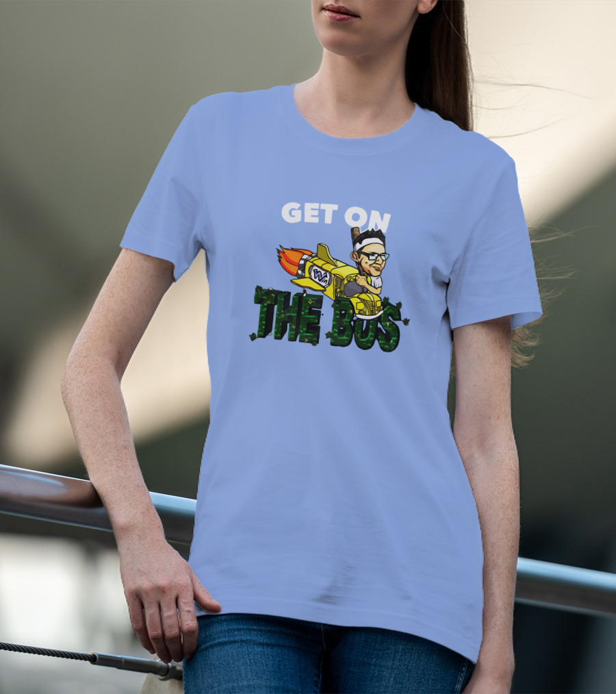 GET ON THE BUS Rocket Cartoon Character With Headband And Glasses T-Shirt