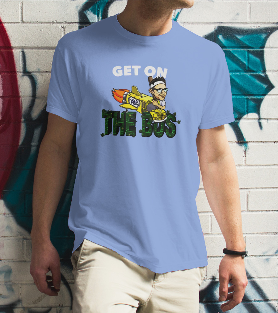 GET ON THE BUS Rocket Cartoon Character With Headband And Glasses T-Shirt