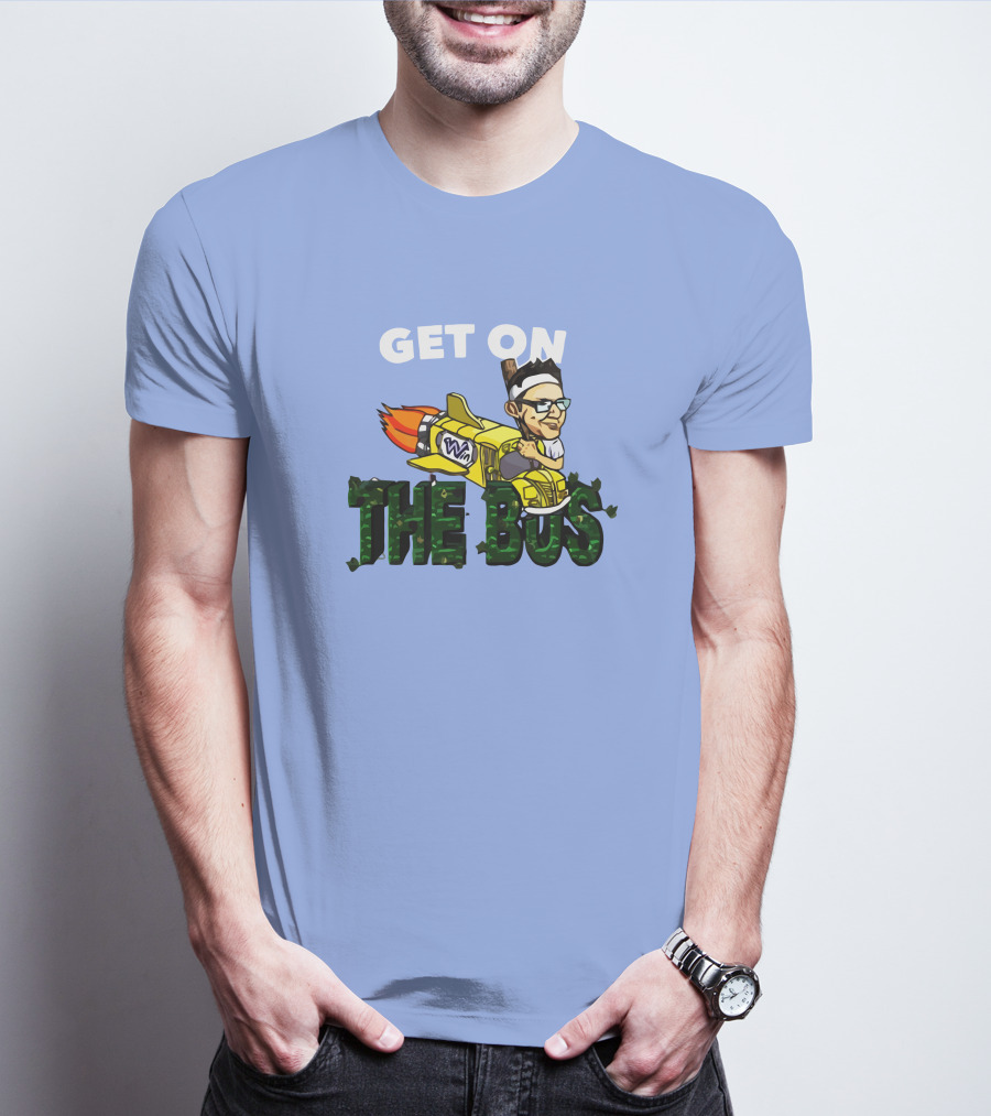 GET ON THE BUS Rocket Cartoon Character With Headband And Glasses T-Shirt