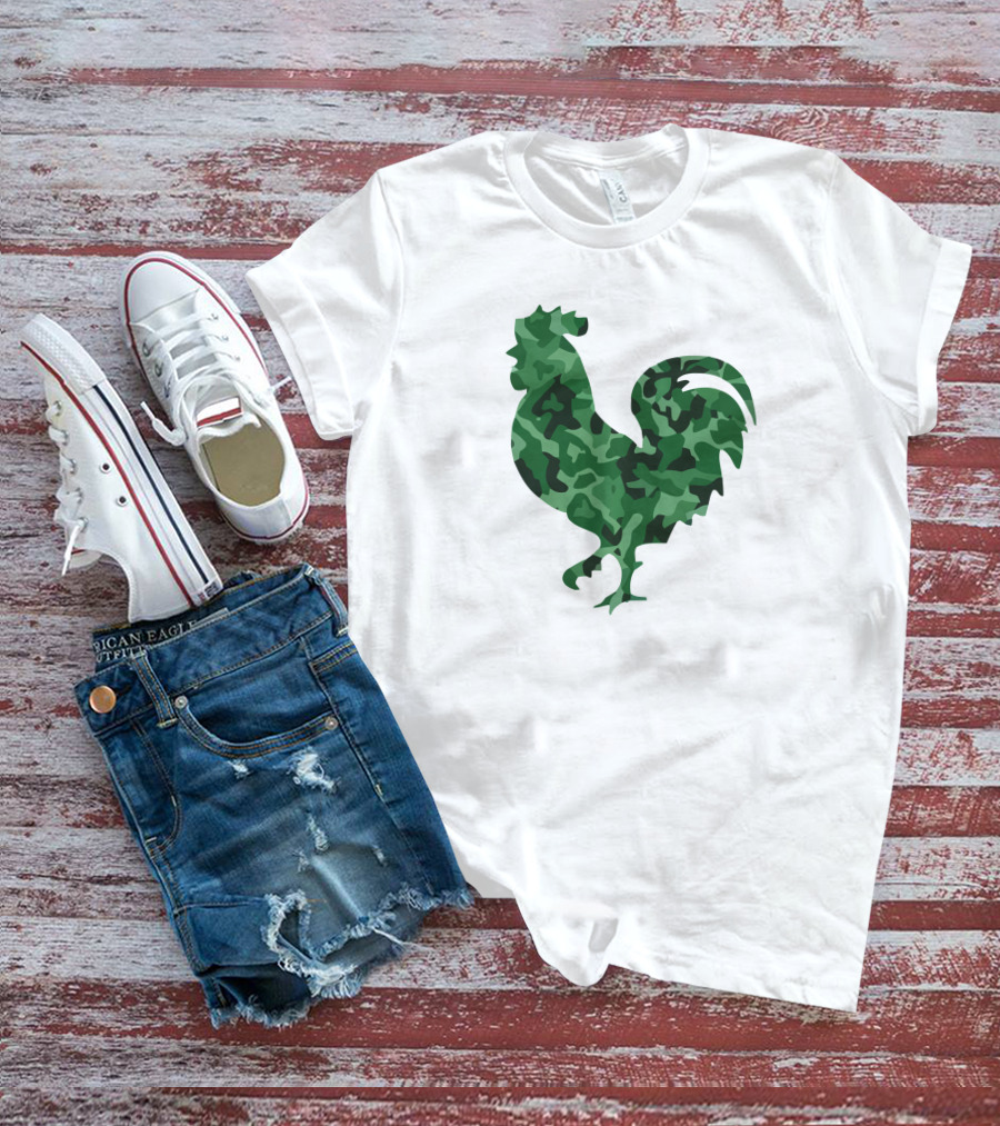 Chicken Camo Rooster Silhouette In Green Camouflage T-Shirt
