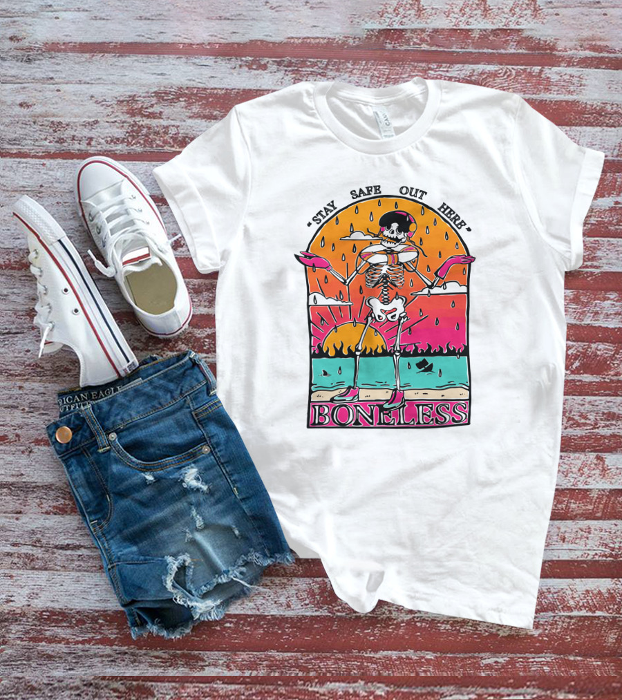 Stay Safe Out Here Boneless Sunset Skeleton Surfer T-Shirt