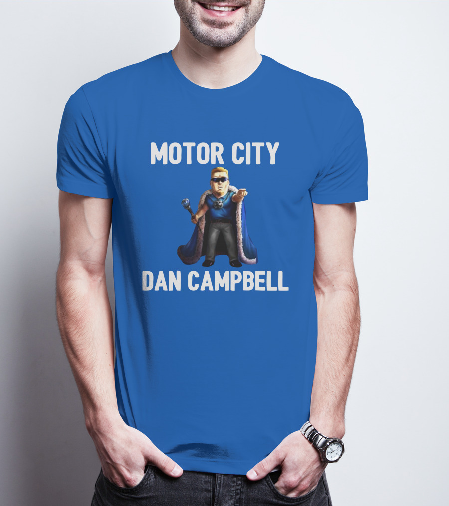 Motor City Dan Campbell Iconic Blue Cape And Scepter Character Representation T-Shirt
