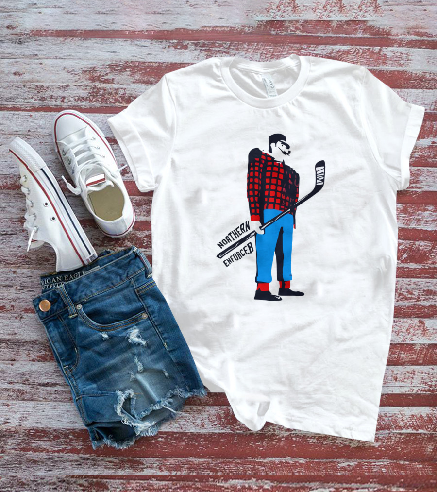 Northern Enforcer Hockey Plaid Lumberjack Player With Stick T-Shirt