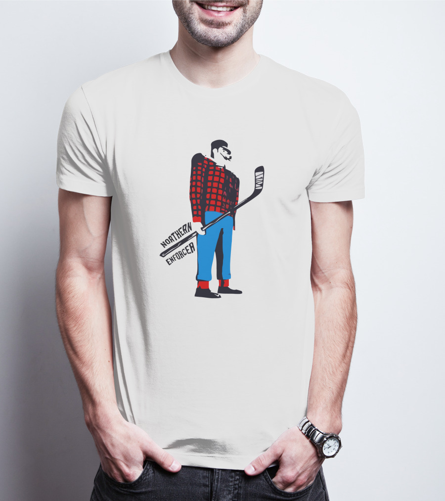 Northern Enforcer Hockey Plaid Lumberjack Player With Stick T-Shirt