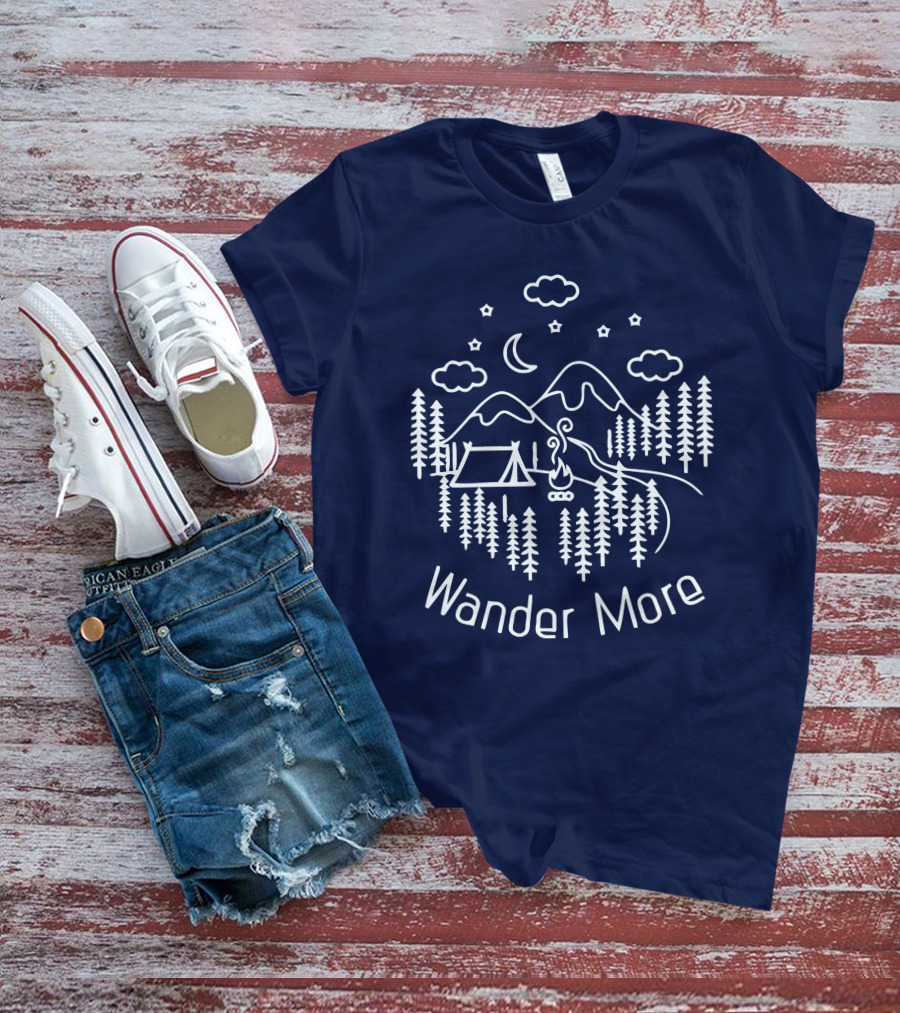 Wander More Camping Hiking Mountain Adventure Night Sky T-Shirt