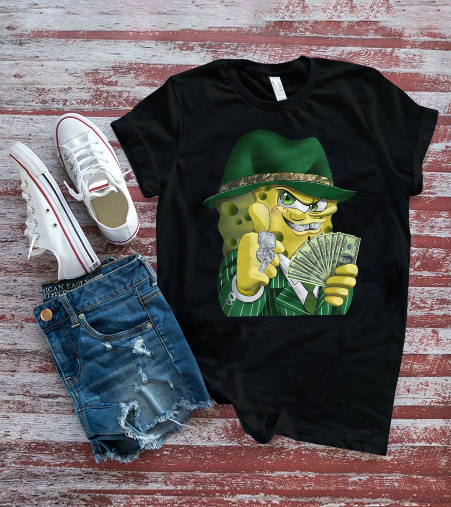 SpongeBob Gangster Style In Green Suit And Hat With Money And Diamonds T-Shirt
