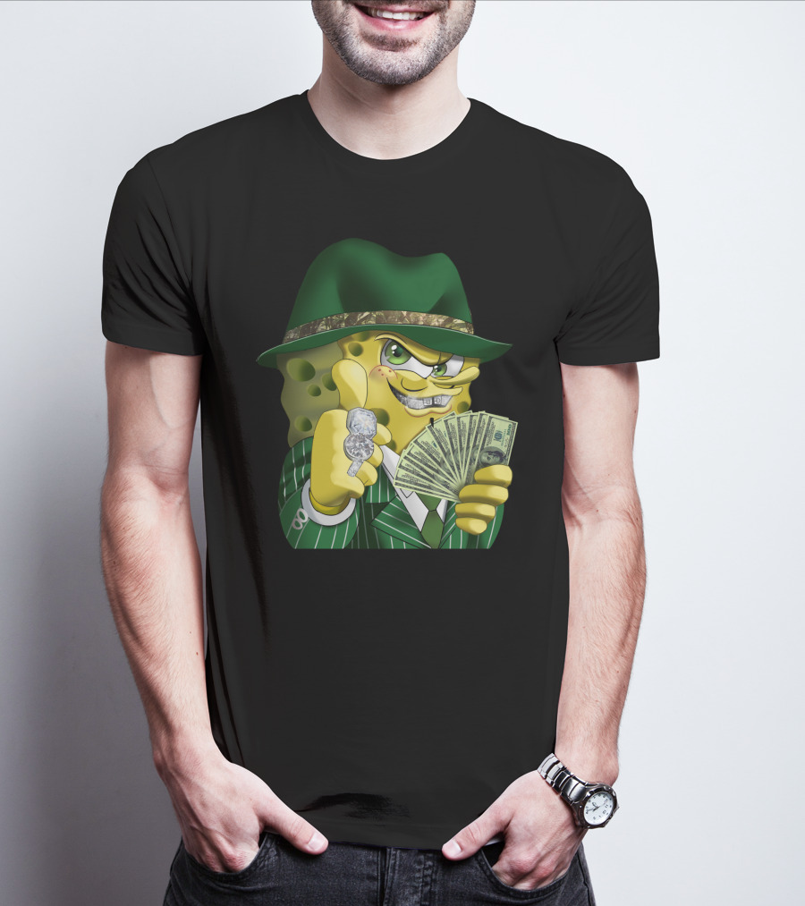 SpongeBob Gangster Style In Green Suit And Hat With Money And Diamonds T-Shirt
