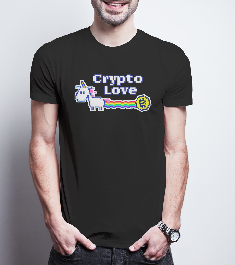 Crypto Love Unicorn Pixel Art Rainbow Coin T-Shirt
