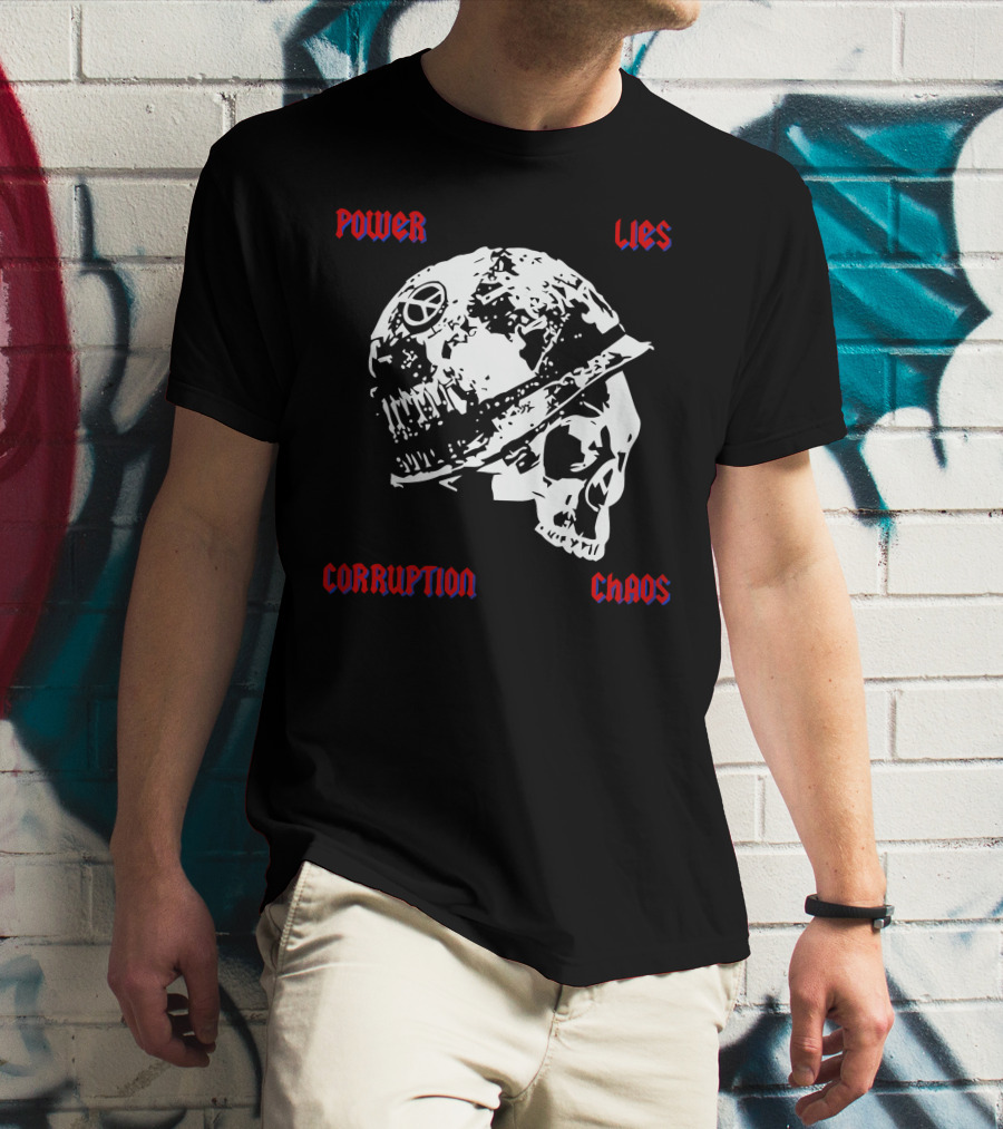 Power Lies Corruption Chaos Skull With Helmet And Peace T-Shirt