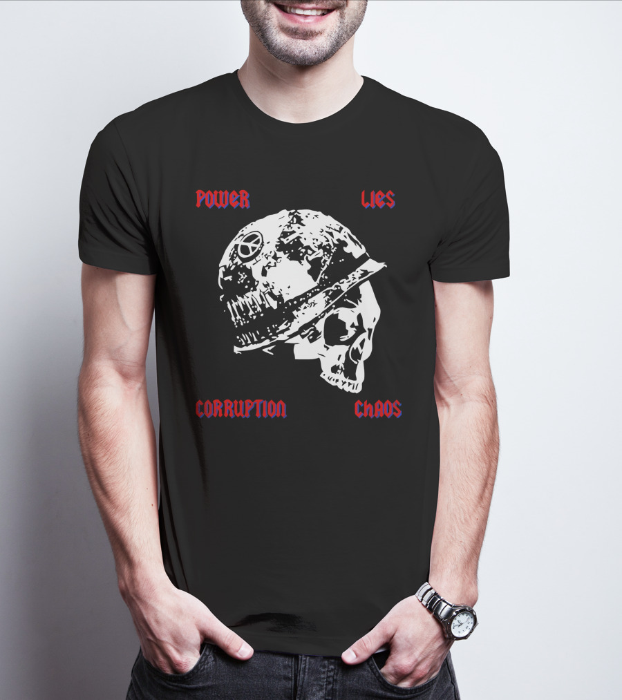 Power Lies Corruption Chaos Skull With Helmet And Peace T-Shirt