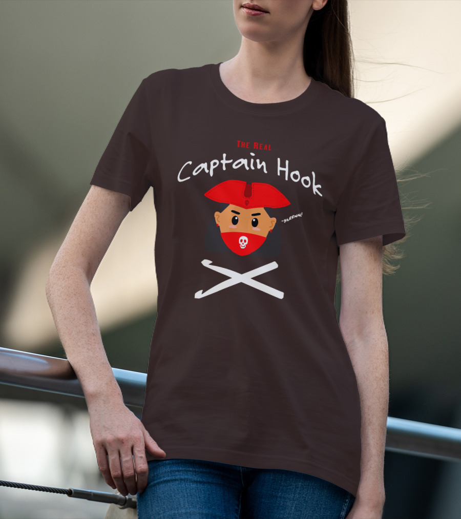 The Real Captain Hook Yarrnn Skull Red Hat Pirate Face Crossed Needles T-Shirt