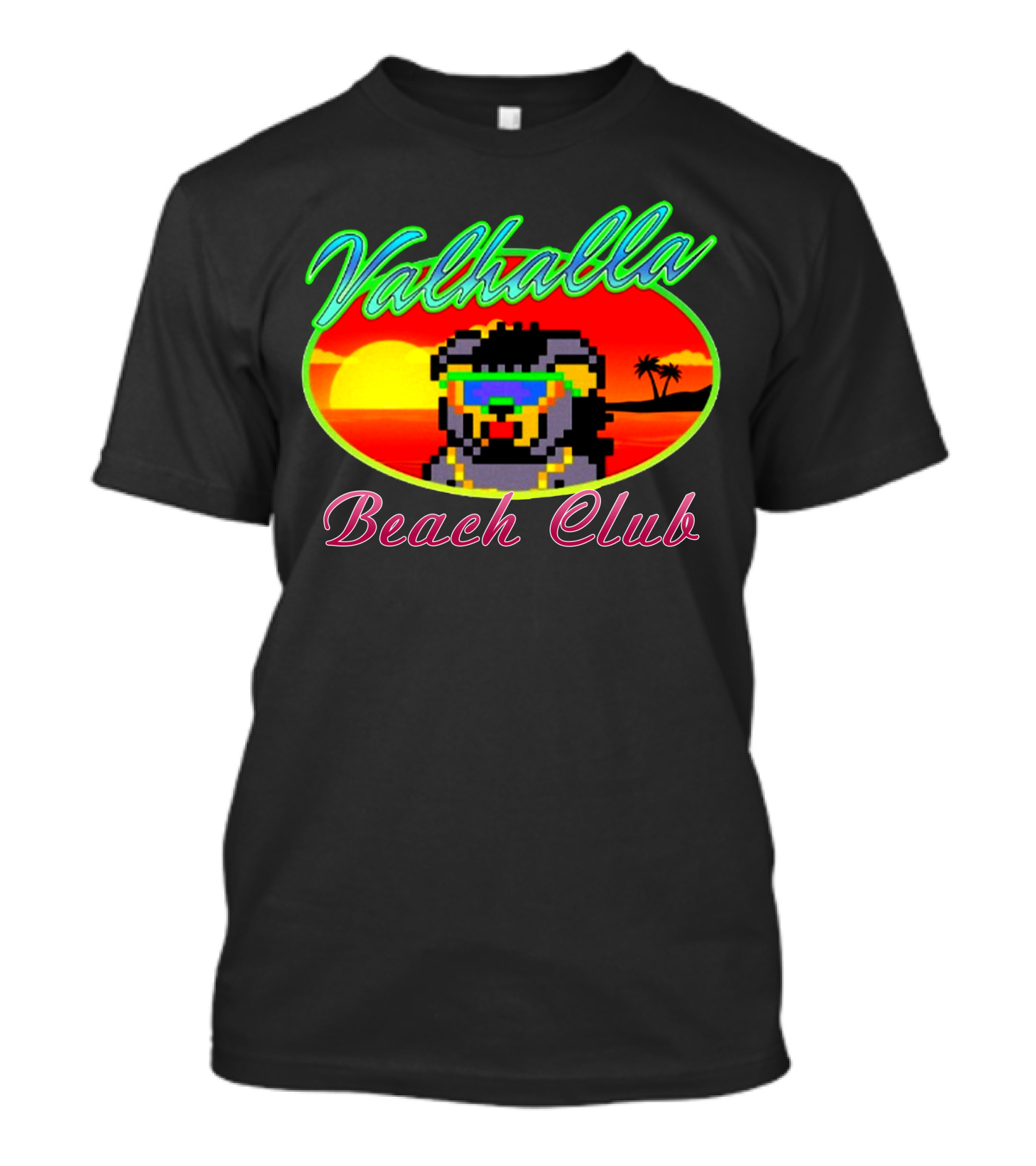 Valhalla Beach Club 80s Retro Pixel Sunset And Palm Trees T-Shirt