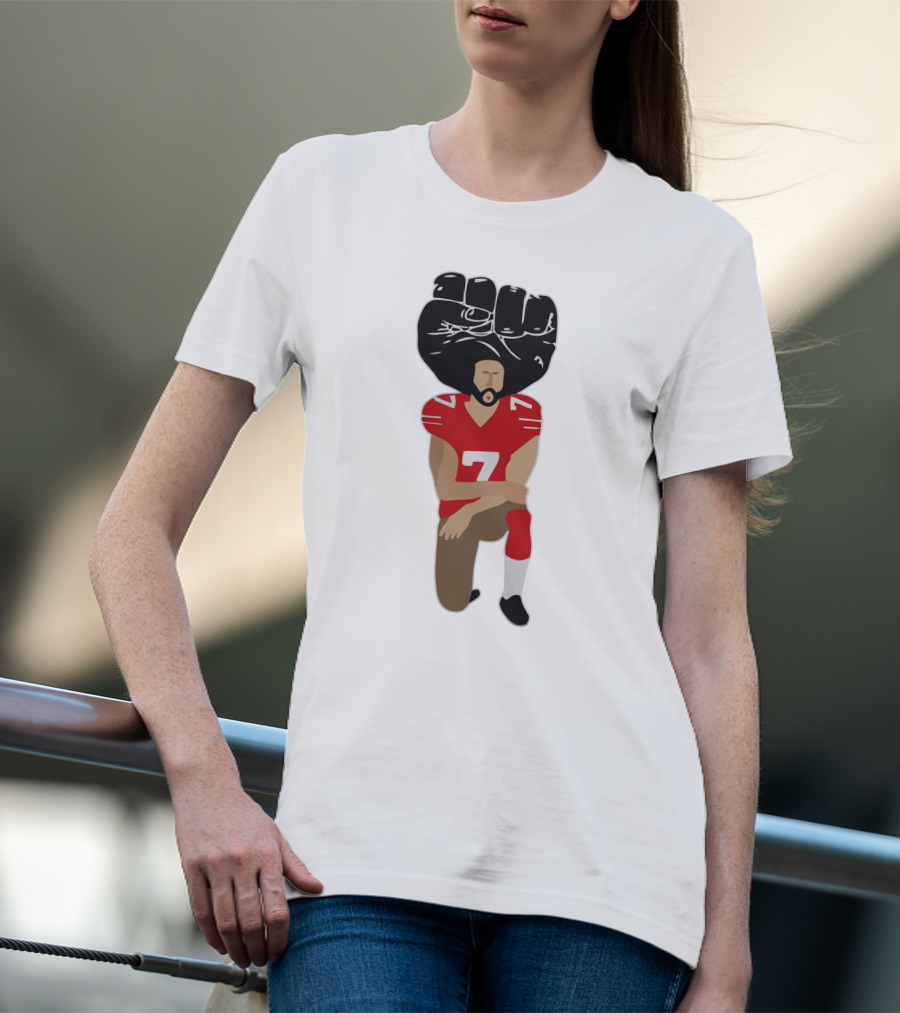 Colin Kaepernick Kneeling With Raised Fist And Red Football Jersey Number 7 T-Shirt