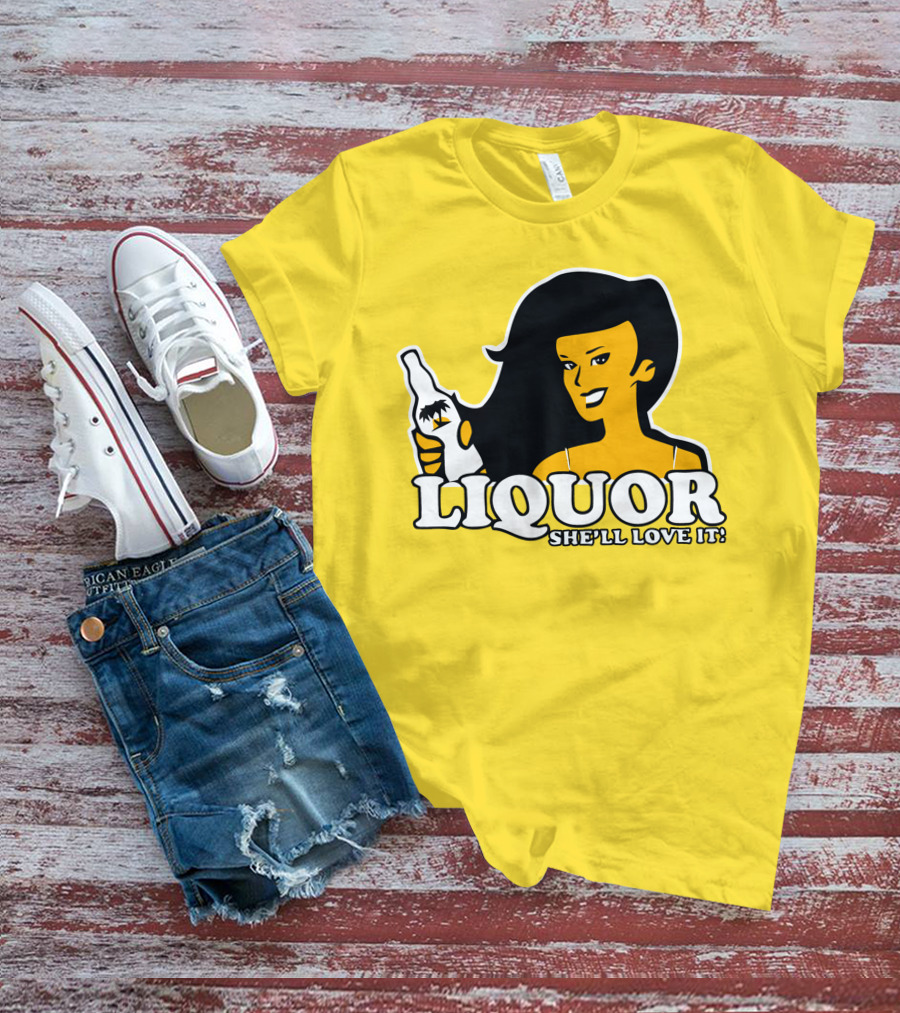 Liquor She'll Love It Retro Pin-Up Style Woman Holding Bottle T-Shirt