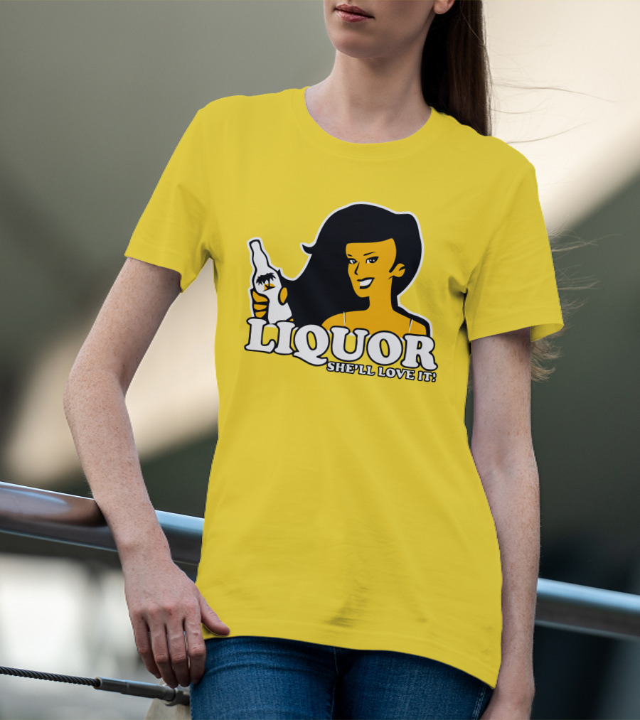 Liquor She'll Love It Retro Pin-Up Style Woman Holding Bottle T-Shirt