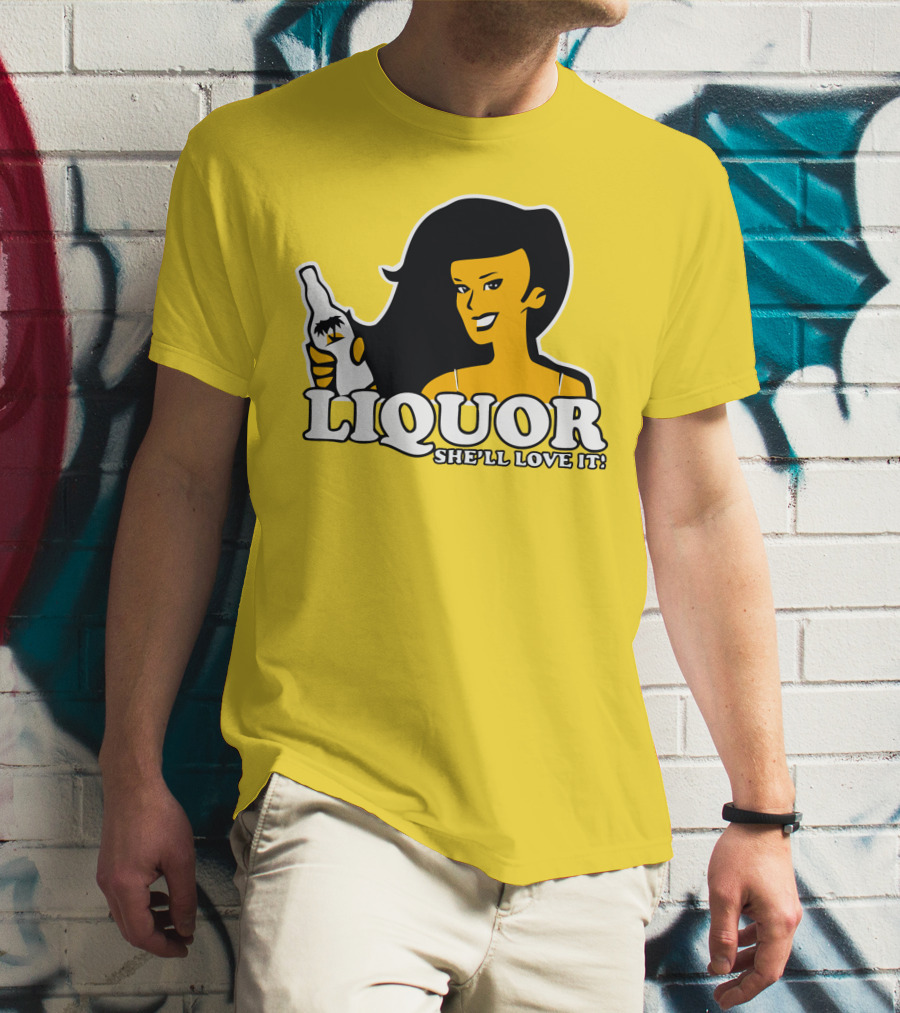 Liquor She'll Love It Retro Pin-Up Style Woman Holding Bottle T-Shirt