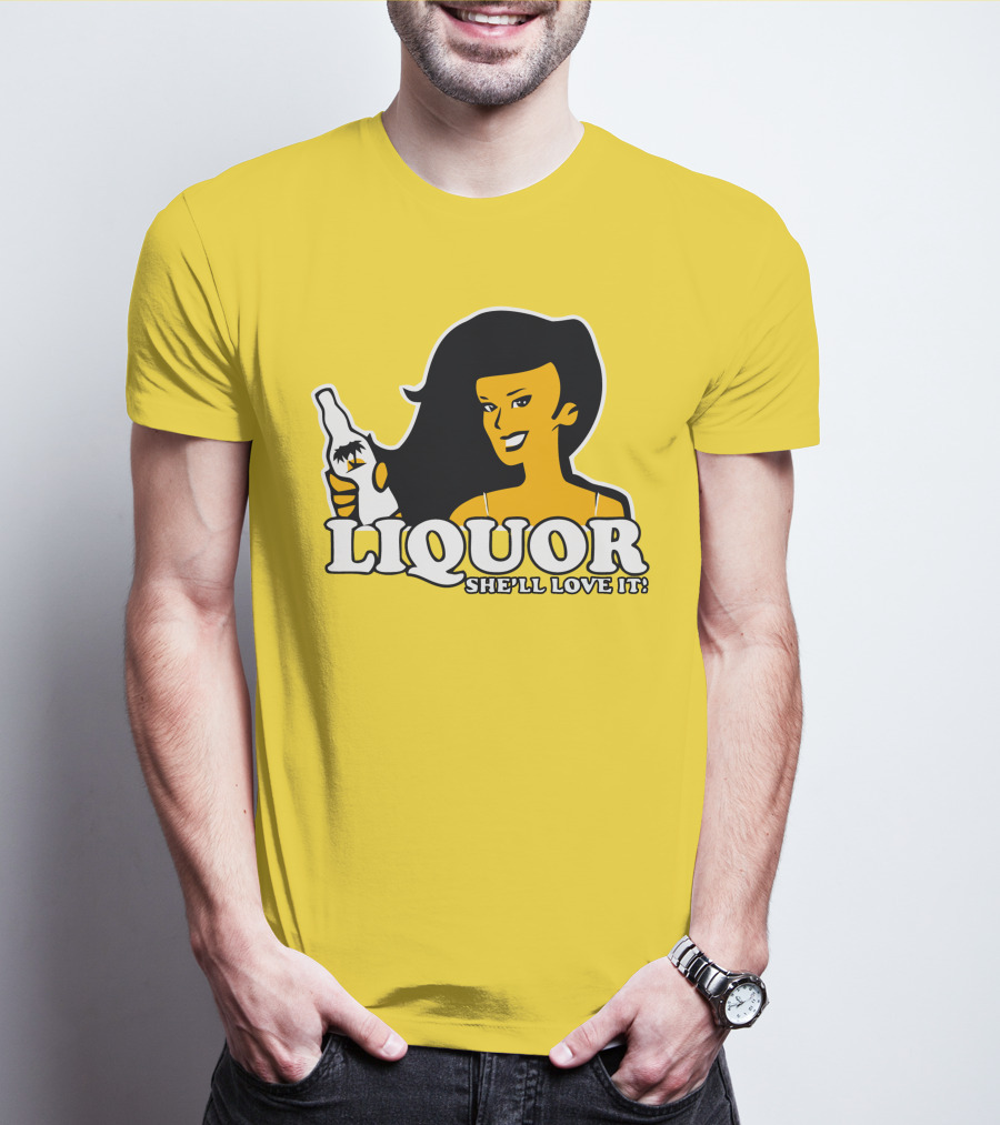 Liquor She'll Love It Retro Pin-Up Style Woman Holding Bottle T-Shirt