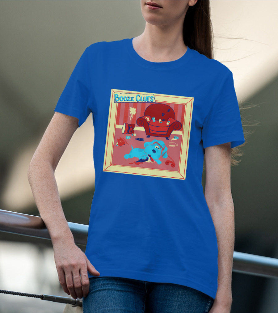 Booze Clues Blue Dog Party Mess With Cans And Couch T-Shirt
