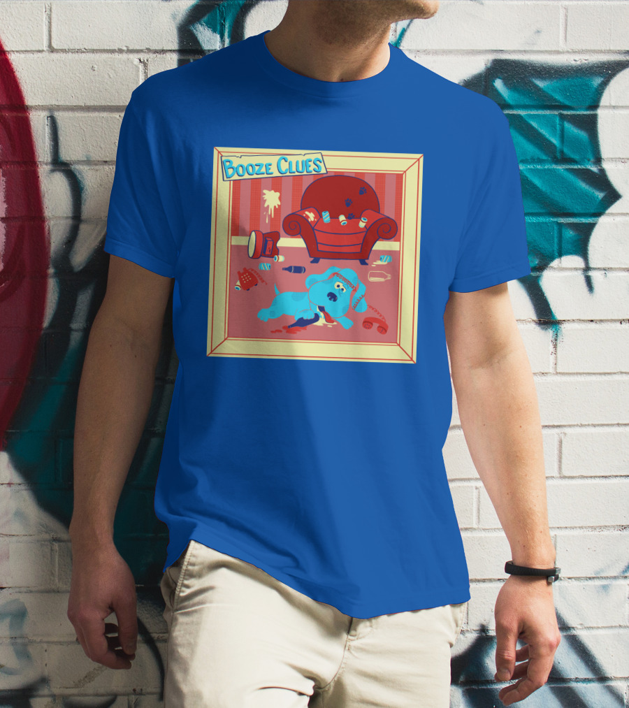 Booze Clues Blue Dog Party Mess With Cans And Couch T-Shirt