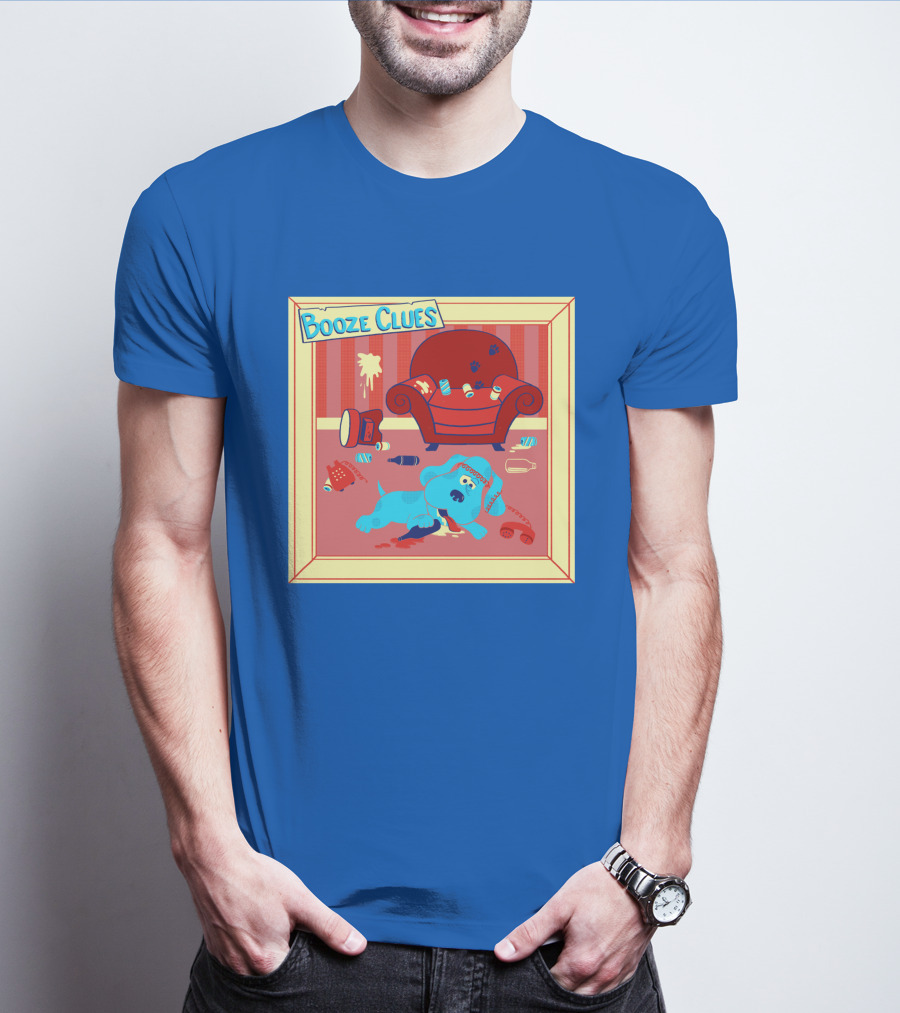 Booze Clues Blue Dog Party Mess With Cans And Couch T-Shirt