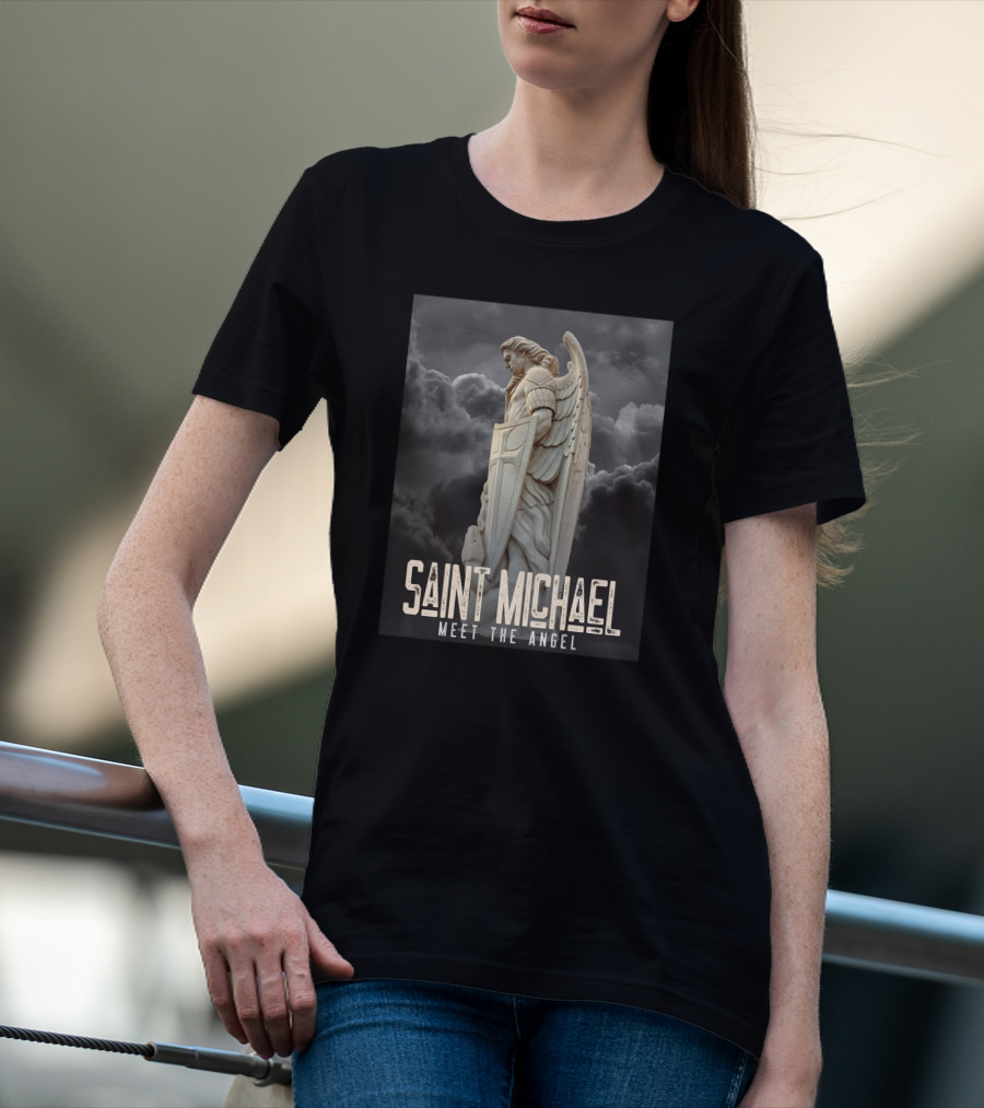 Saint Michael Meet The Angel Statue In Stormy Sky T-Shirt