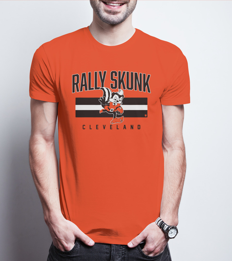 Cleveland Rally Skunk Football Character Sporting Orange Helmets T-Shirt