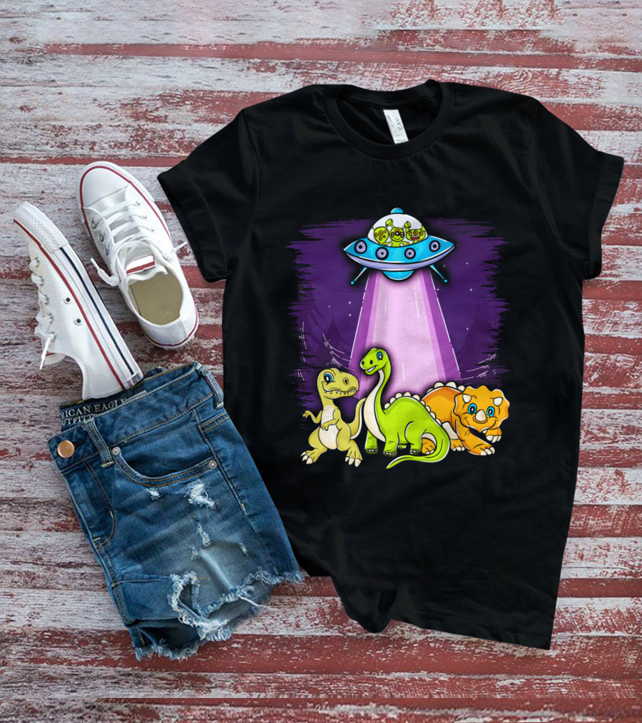Dinosaur Alien Abduction Dinosaur Extinction Conspiracy UFO Cartoon T-Shirt
