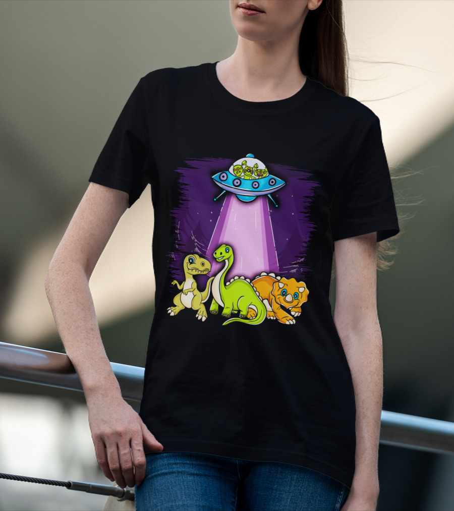 Dinosaur Alien Abduction Dinosaur Extinction Conspiracy UFO Cartoon T-Shirt