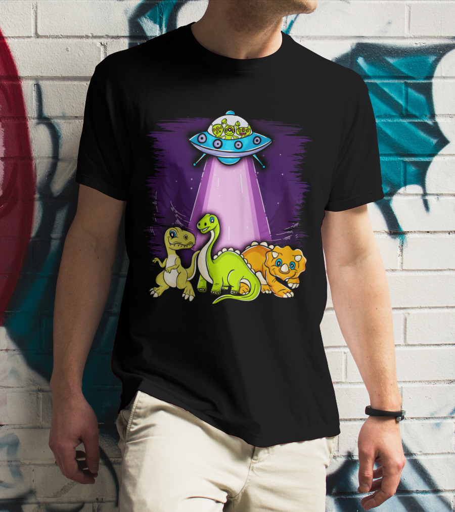 Dinosaur Alien Abduction Dinosaur Extinction Conspiracy UFO Cartoon T-Shirt