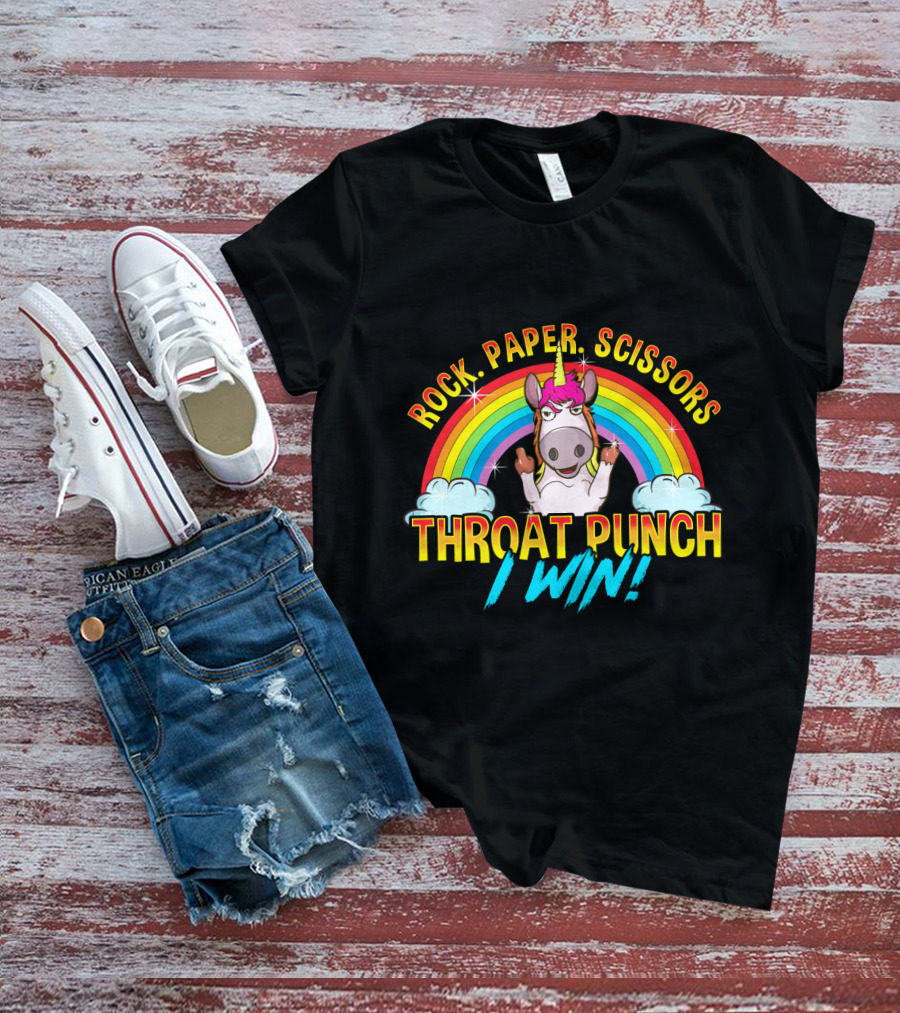 Rock Paper Scissors Throat Punch I Win Unicorn Rainbow T-Shirt
