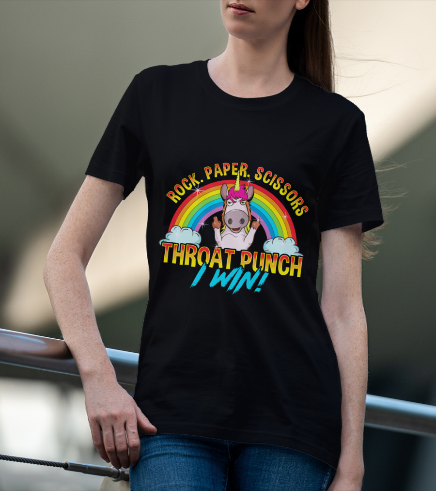 Rock Paper Scissors Throat Punch I Win Unicorn Rainbow T-Shirt