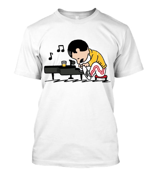Freddie Mercury Peanuts Style Piano Playing Music Notes T-Shirt