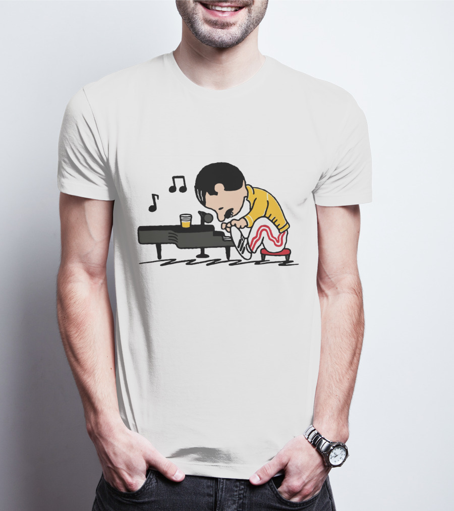 Freddie Mercury Peanuts Style Piano Playing Music Notes T-Shirt