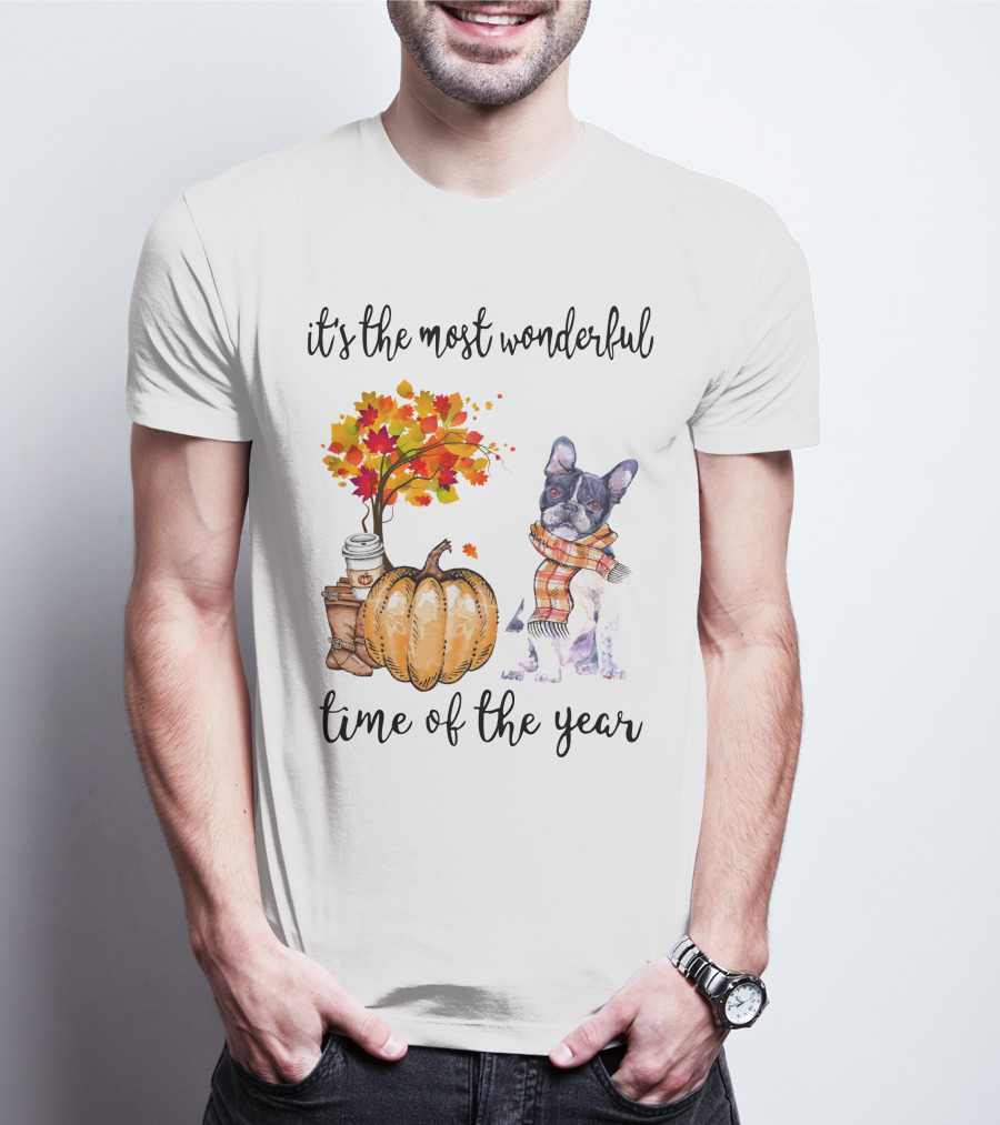 Its The Most Wonderful Time Of The Year Boston Terrier Autumn Pumpkin Leaves Coffee T-Shirt
