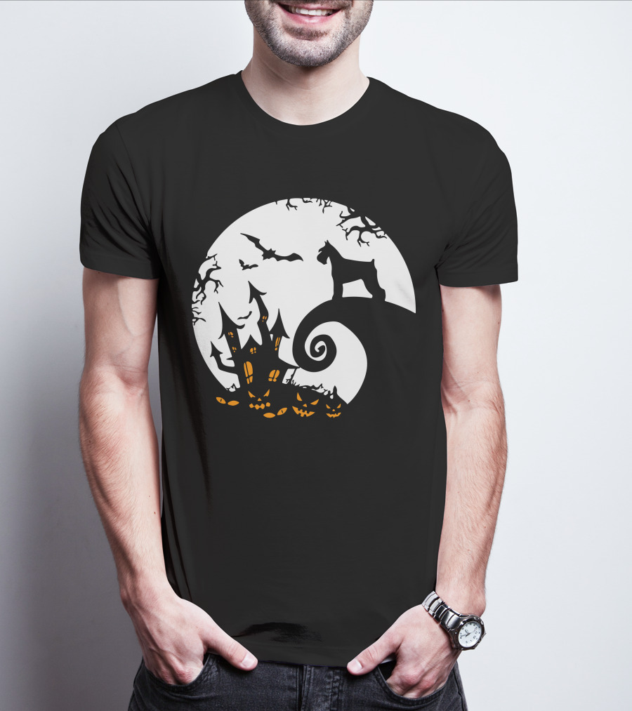 Funny Miniature Schnauzer And Moon Jack-O'-Lantern Halloween Night T-Shirt