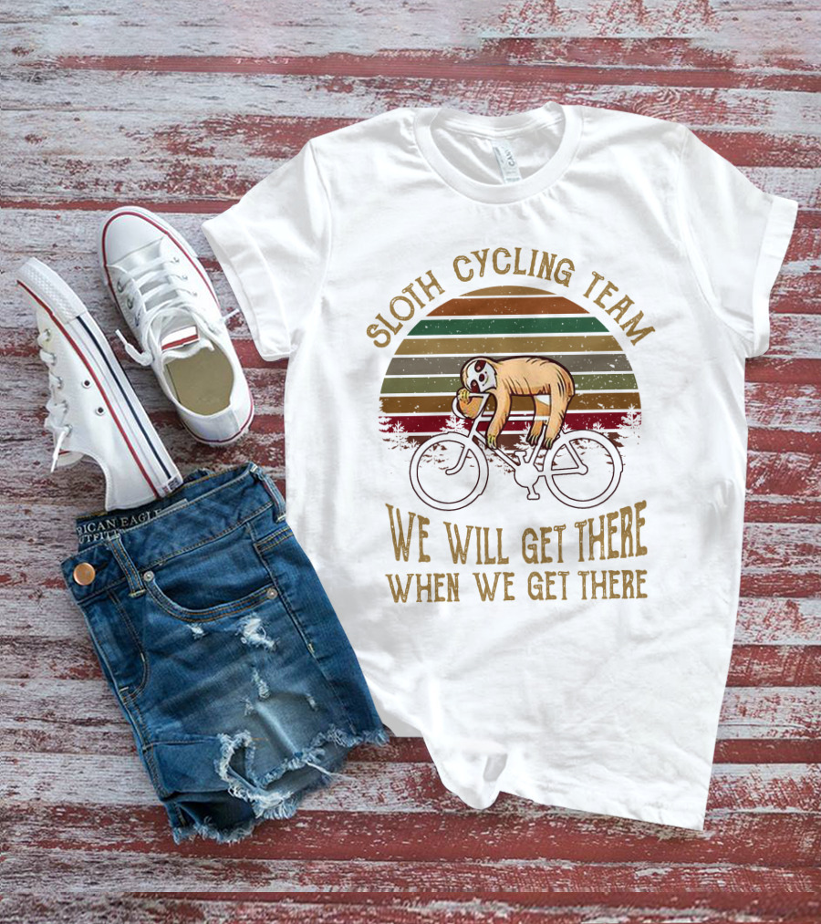 Sloth Cycling Team We Will Get There When We Get There Retro Sunset T-Shirt