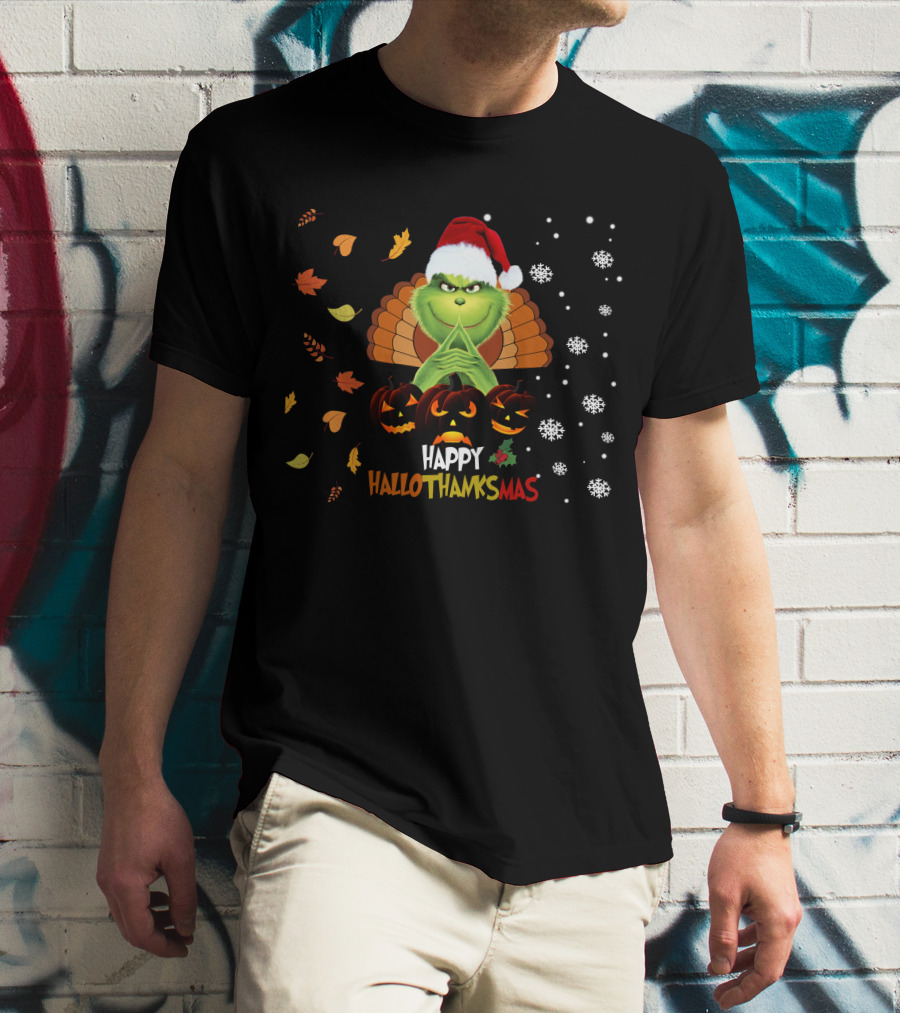 Grinch Happy Hallothanksmas Turkey Santa Hat Pumpkins Leaves Snowflakes T-Shirt