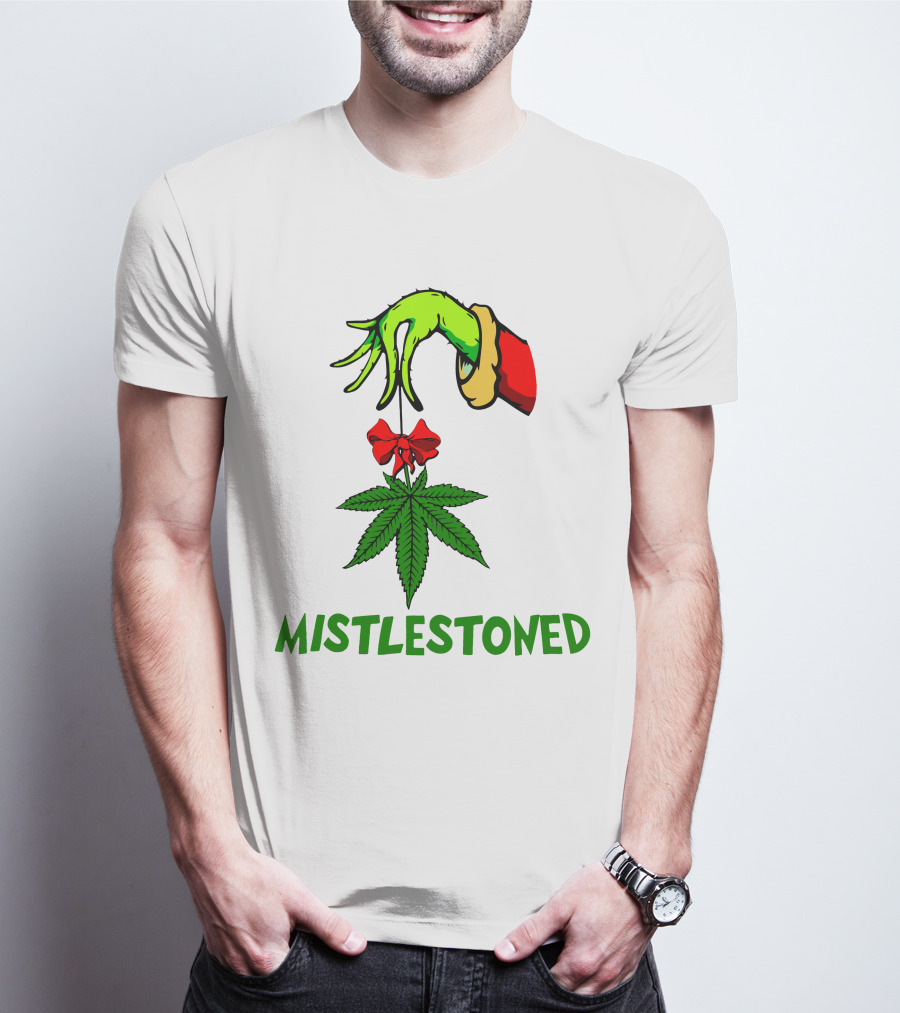 Grinch Hand Holding Mistletoe Leaf With Mistlestoned Text T-Shirt