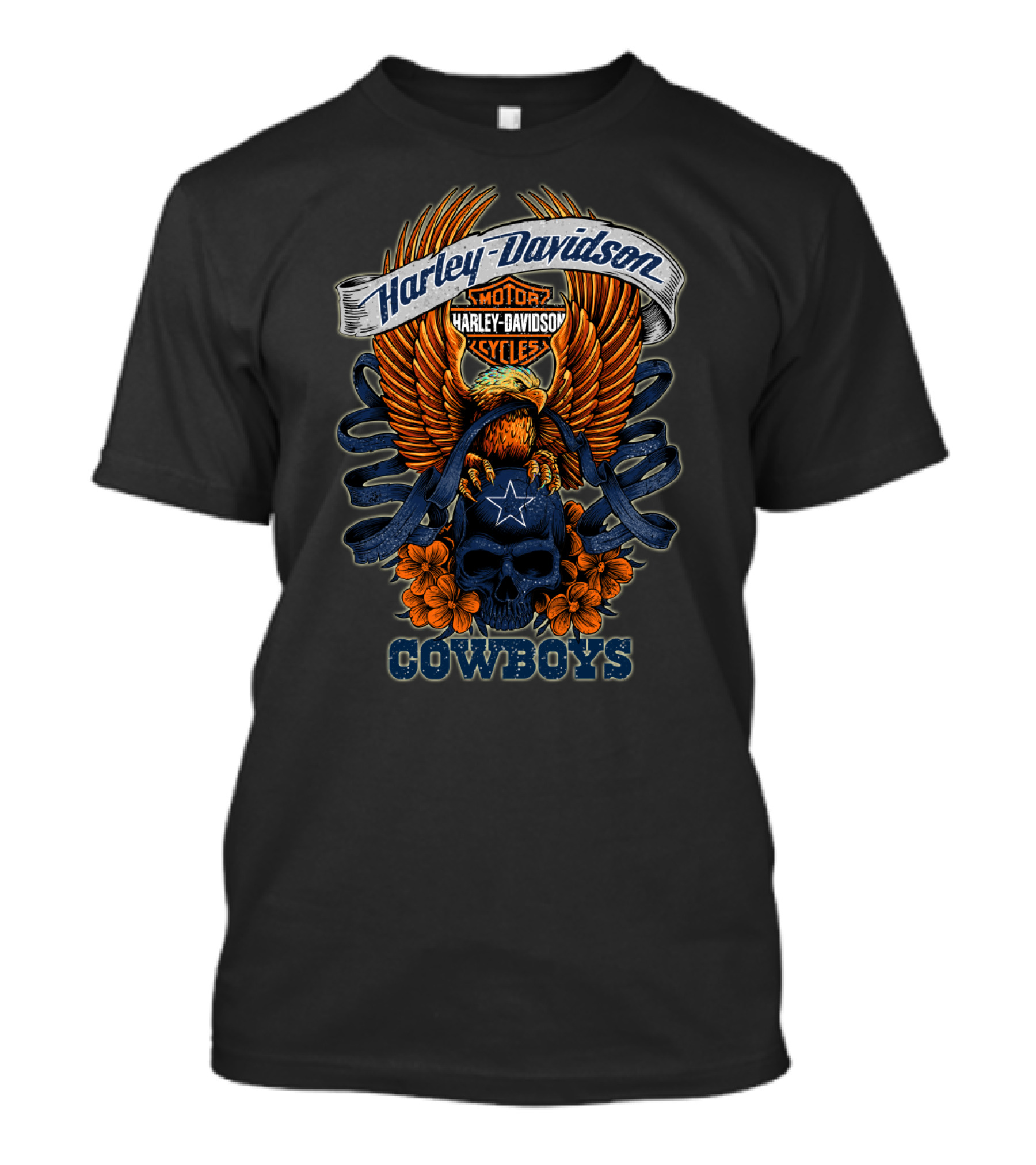 Harley Davidson Motor Cycles Eagle Skull Flowers Cowboys T-Shirt