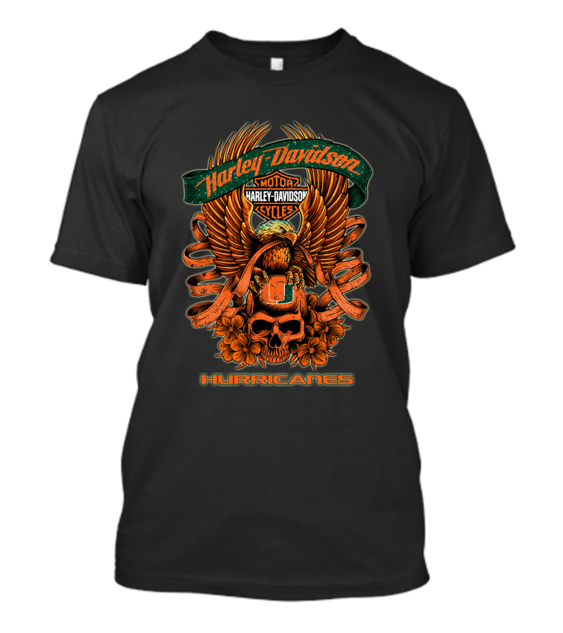 Harley Davidson Motor Cycles Miami Hurricanes Eagle Skull Ribbon Art T-Shirt