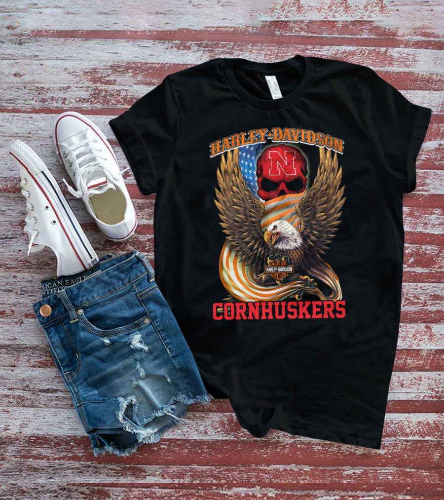 Harley Davidson Cornhuskers Nebraska Skull American Flag Eagle T-Shirt