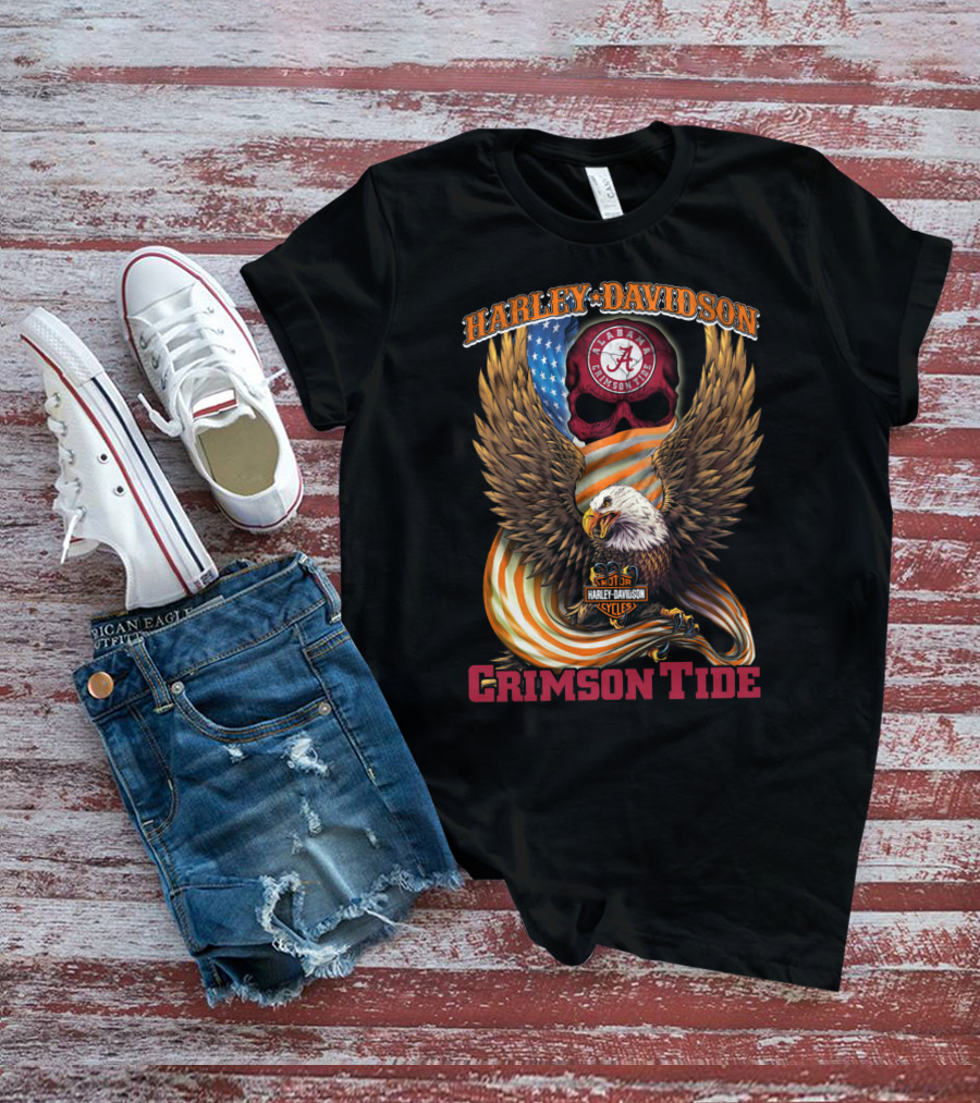 Harley Davidson Alabama Crimson Tide Eagle And Skull Flag T-Shirt