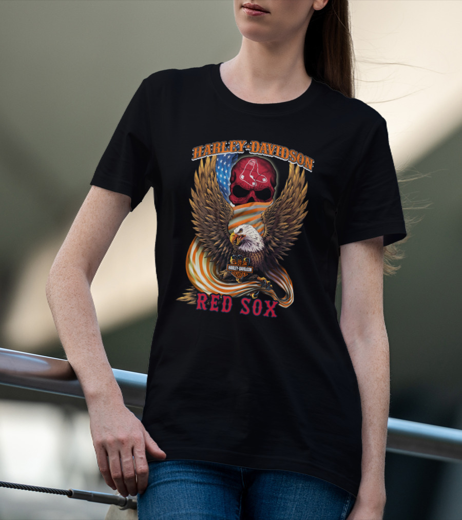 Harley Davidson Boston Red Sox Eagle Skull American Flag Cycles T-Shirt