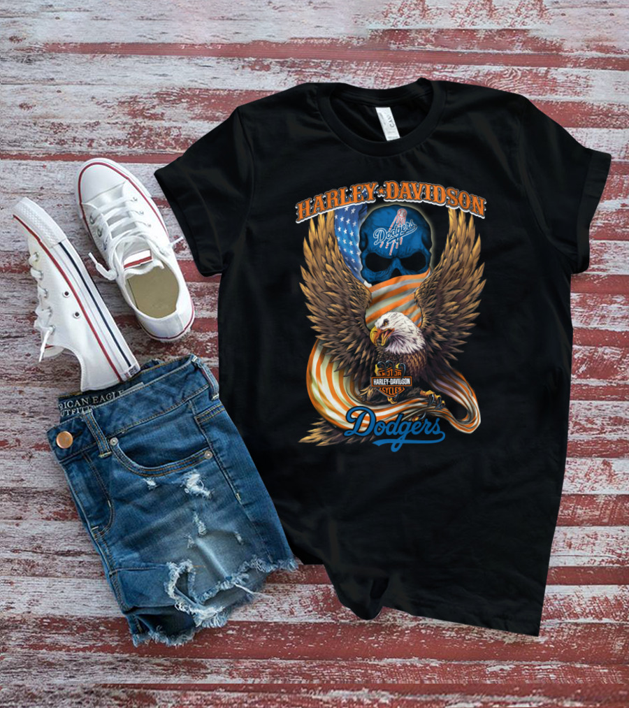 Harley Davidson Dodgers Mlb Skull Eagle American Flag Cycles Dodgers T-Shirt