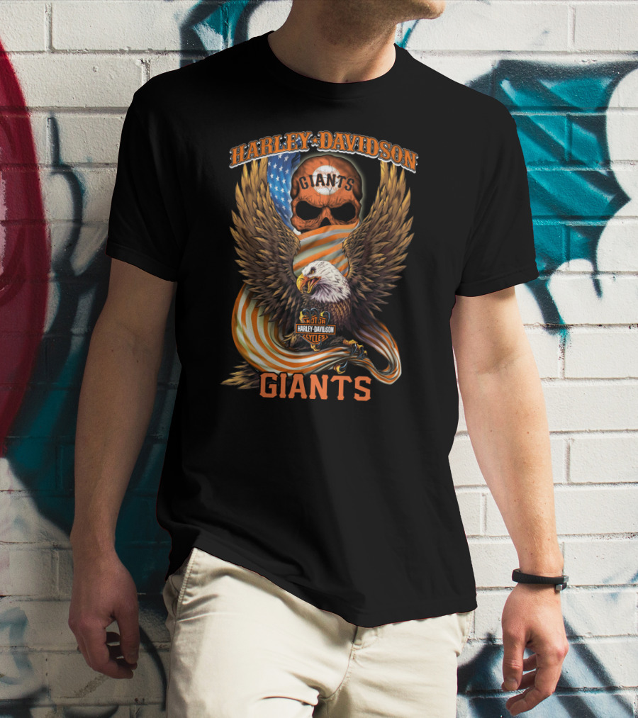 Harley Davidson Giants Bikes Cycles Eagle American Flag Skull T-Shirt
