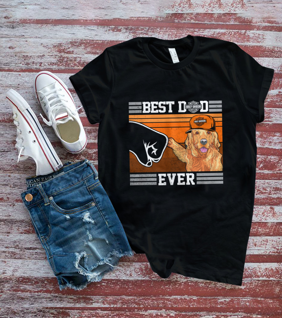 Best Dad Ever Motor Harley Davidson Cycles Golden Retriever Hat Fist Bump T-Shirt