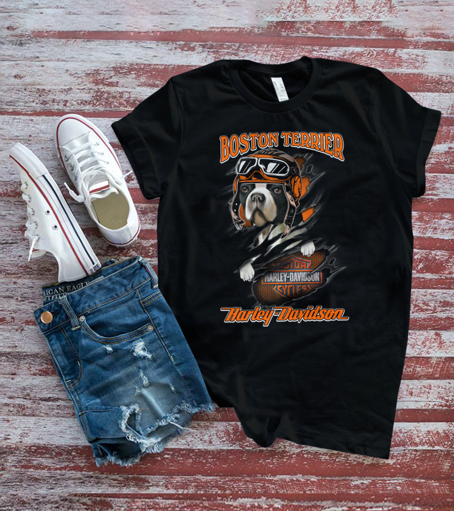 Boston Terrier Harley Davidson Motorcycle Goggles T-Shirt