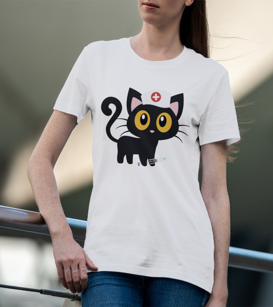 Cat Nurse Cute Black Cat With Syringe And Nurse Hat T-Shirt
