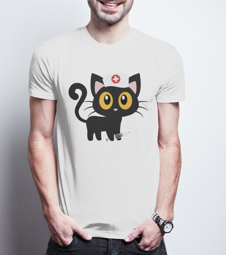 Cat Nurse Cute Black Cat With Syringe And Nurse Hat T-Shirt