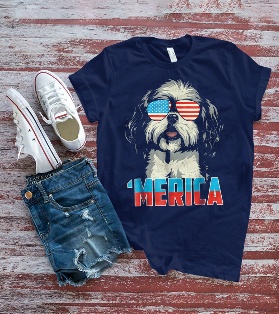 Patriotic Shih Tzu 'Merica With American Flag Sunglasses T-Shirt